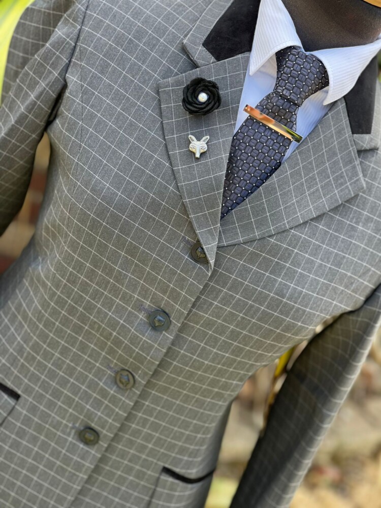 Lightweight Charcoal Check/Black Velvet Trim