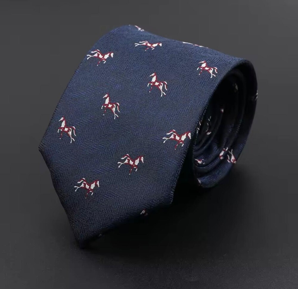 Navy Herringbone Tie/Horse Print