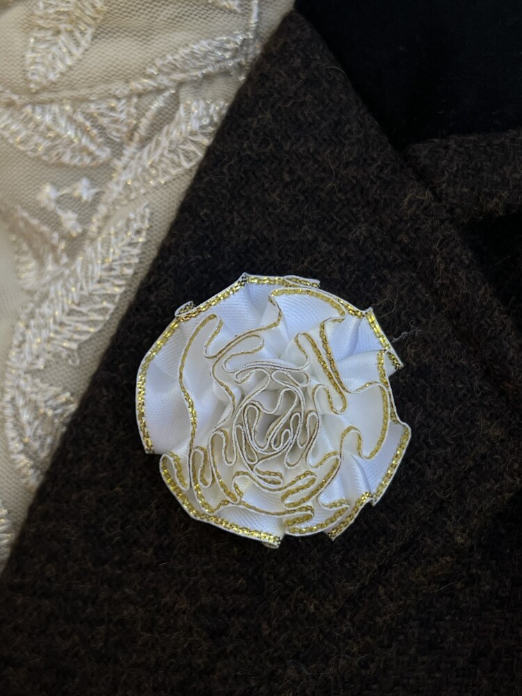 White Carnation Lapel Pin wth Gold Edging